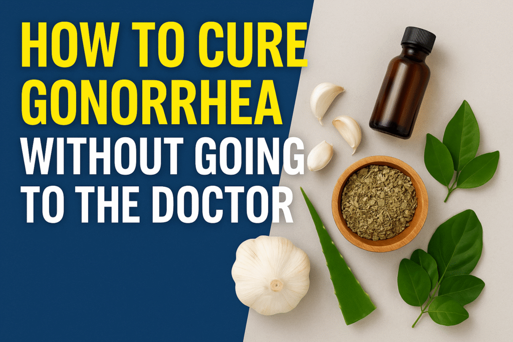 A digital graphic showing natural remedies for curing gonorrhea at home without visiting a doctor.