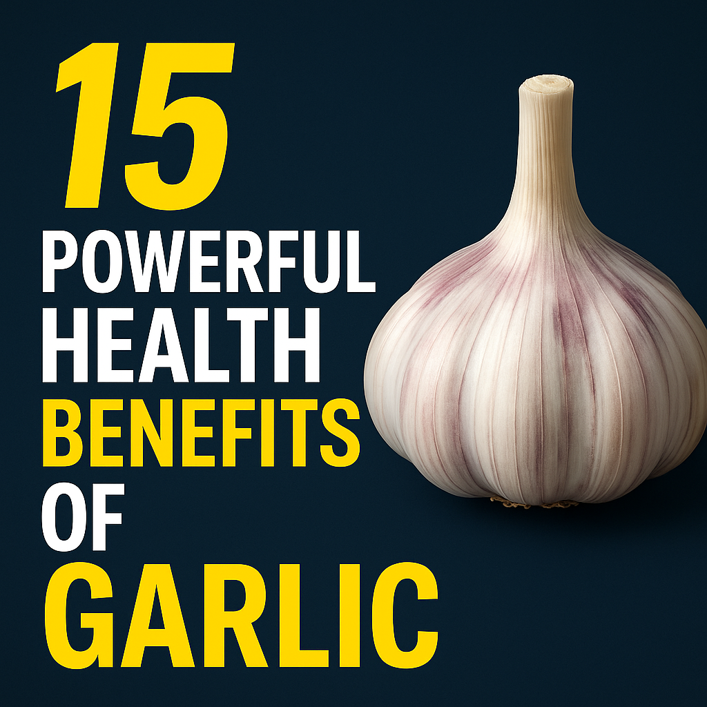 A digital health graphic illustrating the powerful health benefits of garlic cloves