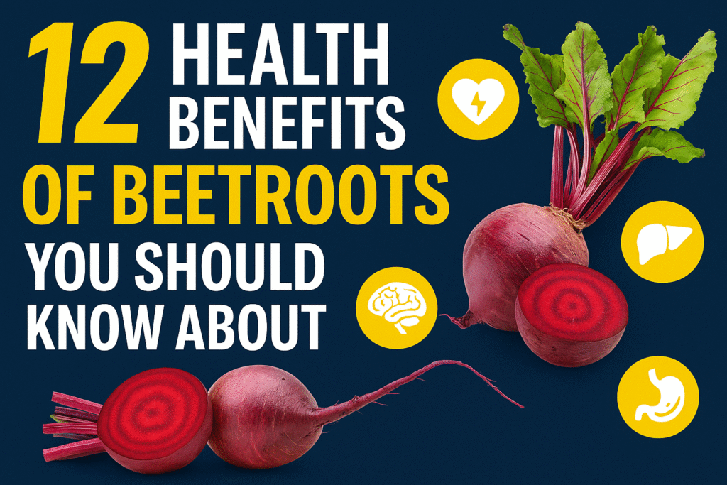 A vibrant digital graphic showing fresh beetroots and icons representing heart, brain, liver, and digestion benefits