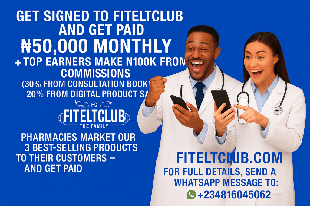 Young professional pharmacist holding wellness products, promoting the FitEltClub affiliate opportunity.