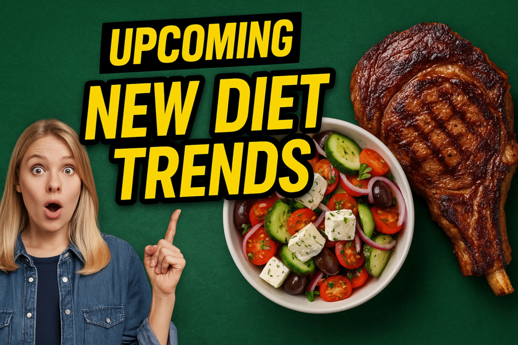Colorful plates featuring Mediterranean, carnivore, and plant-based meals representing the top diet trends of 2025.